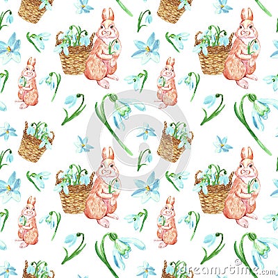 Watercolor spring flowers and cute bunny seamless pattern. Easter background with snowdrops and cartoon baby animal. Cartoon Illustration