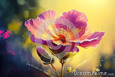 Watercolor spring flowers on a green meadow illuminated by the sun's rays. Spring background. Stock Photo