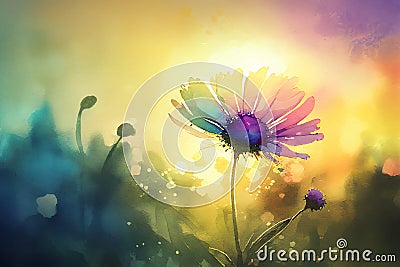 Watercolor spring flowers on a green meadow illuminated by the sun's rays. Spring background. Stock Photo