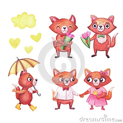 Watercolor spring foxes. Cute characters illustration on white background Cartoon Illustration