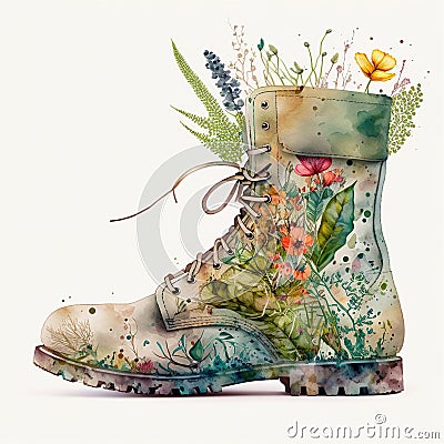 Watercolor Spring Garden Boots - Generative AI Stock Photo