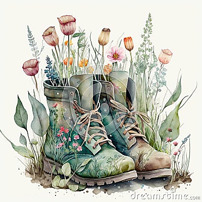 Splash of Spring Watercolor Garden Boots - Generative AI Stock Photo