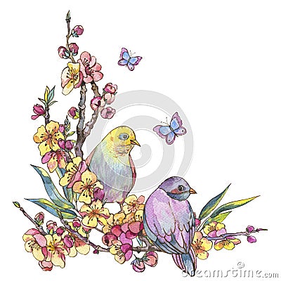 Watercolor spring greeting card, vintage floral bouquet with birds, blooming branches of cherry, sakura Cartoon Illustration