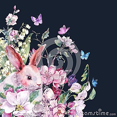 Watercolor spring greeting card white bunny Cartoon Illustration