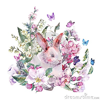 Watercolor spring greeting card white bunny Cartoon Illustration