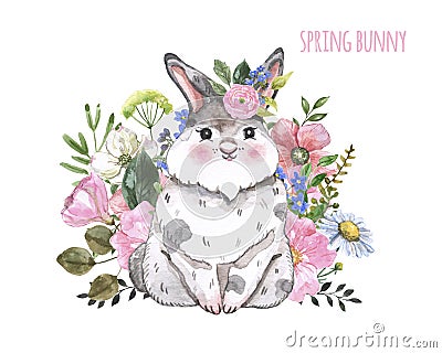 Watercolor spring hand painted bunny and beautiful floral bouquet, isolated on white background. Easter card elements. Cartoon Illustration