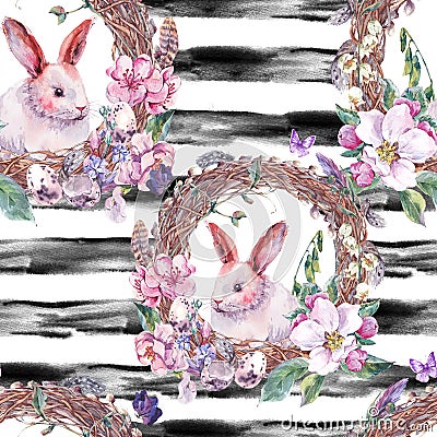 Watercolor spring Happy Easter Seamless Pattern Cartoon Illustration