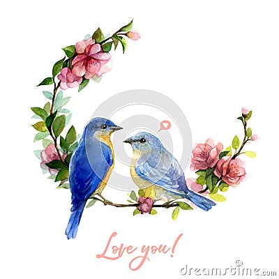 Watercolor spring illustration with blue bird and flower wreath isolated on white background. Cartoon Illustration