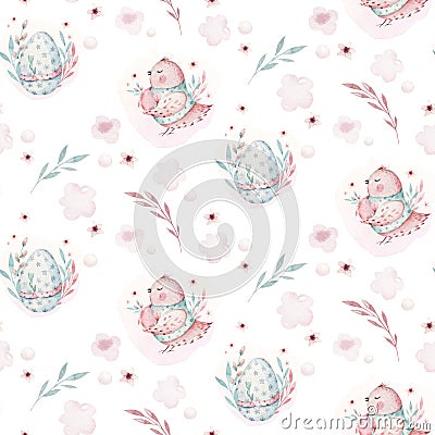 A watercolor spring illustration of the cute easter baby bird and eggs. Egg cartoon animal seamless pink fabric pattern Cartoon Illustration