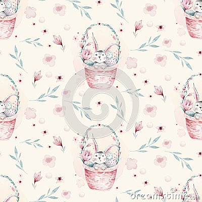 A watercolor spring illustration of the cute easter baby bunny. Rabbit cartoon animal seamless pink pattern with basket Cartoon Illustration