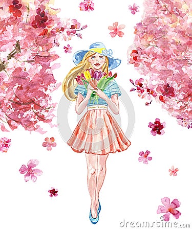 Watercolor spring illustration with cute girl walkin in a park with sakura trees. Young pretty women. Cherry blossom Cartoon Illustration