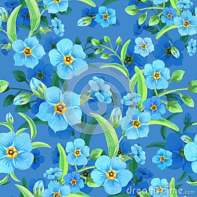 Watercolor spring illustration. Forget-me-nots on a dark blue background.Seamless pattern with light blue flowers. Cartoon Illustration