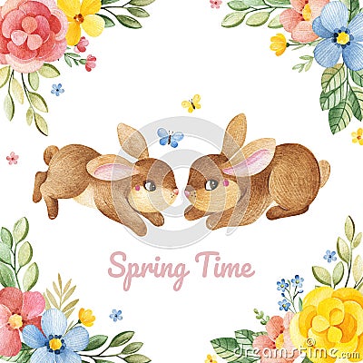 Watercolor spring illustration. Ready to use invitation with flowers,branches,butterfly and cute bunnies Cartoon Illustration