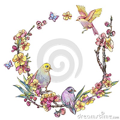 Watercolor spring round frame, vintage floral wreath with birds Cartoon Illustration