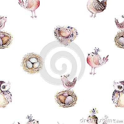 Watercolor spring rustic pattern with nest, birds, branch,tree twigs and feather. Watercolour seamless hand drawn bird Cartoon Illustration
