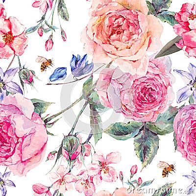 Watercolor spring seamless border with english roses Cartoon Illustration