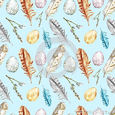 Watercolor spring seamless pattern with eggs, willow tree branches, assorted colorful feathers on blue background. Stock Photo