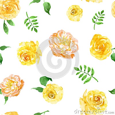 Watercolor spring yellow floral seamless pattern on white background. Bright flowers repeat print Stock Photo