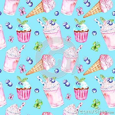 Watercolor spring and summer sweet desserts seamless pattern. Blue background with ice cream in a cone Cartoon Illustration