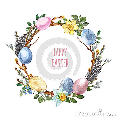 Watercolor spring willow wreath with eggs, isolated on white background. Decorative frame for Easter cards, invitations, greetings Cartoon Illustration