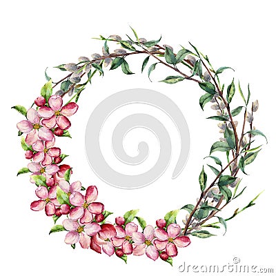 Watercolor spring wreath with apple flowers. Hand painted border with willow, tree branch with leaves isolated on white Cartoon Illustration