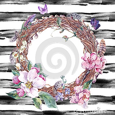 Watercolor spring wreath, bouquet with blossom apple tree Cartoon Illustration