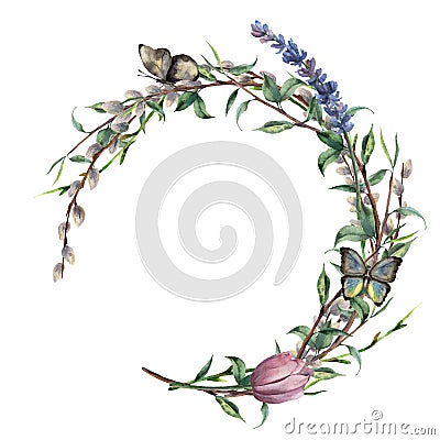 Watercolor spring wreath with butterfly. Hand painted border with lavender, willow, tulip and tree branch with leaves Cartoon Illustration