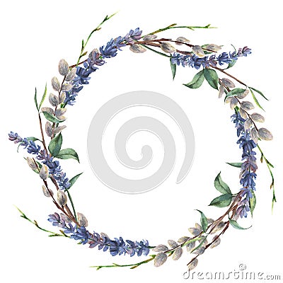 Watercolor spring wreath. Hand painted border with lavender, willow and tree branch with leaves isolated on white Cartoon Illustration