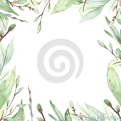 Watercolor square frame with delicate spring greenery, leaves, branches, willows Stock Photo