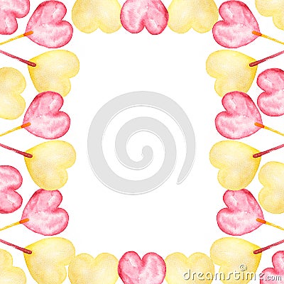 Watercolor square frame of lollipops candies in heart shapes in red and yellow Stock Photo