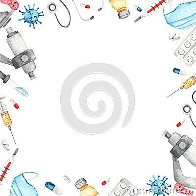 Watercolor square frame with medical instruments and devices Stock Photo