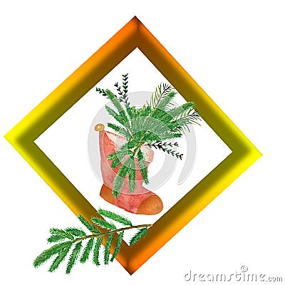 Watercolor square frame with spruce branches in a red boot. Cartoon Illustration