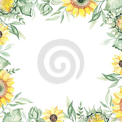 Watercolor square frame with sunflowers, leaves, foliage, greenery, buds Stock Photo