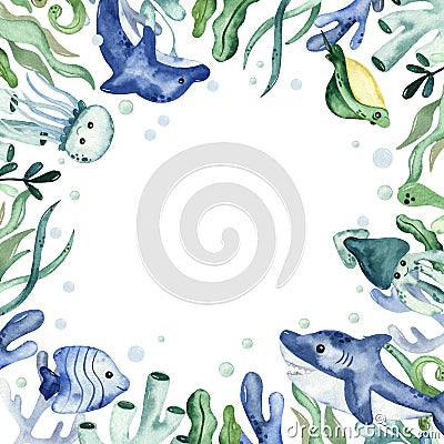 Watercolor square frame with underwater creatures, algae Cartoon Illustration