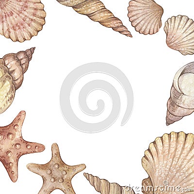 Watercolor square frame with vintage seashells isolated on white background. Marine collection. Cartoon Illustration