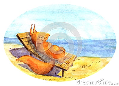 Watercolor squirrel relaxing on beach Stock Photo