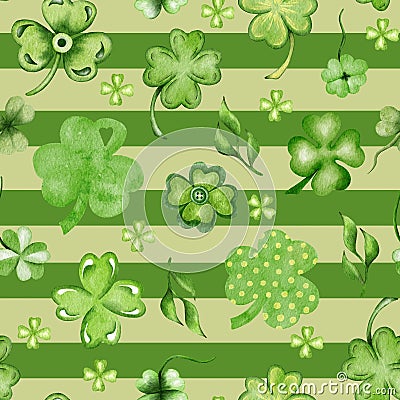 Watercolor St Patrick seamless pattern with clover, rainbow. Coins, shamrock. Irish. Celtic. St Patrick's Day. Stock Photo