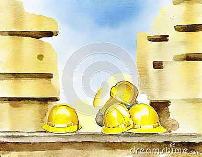 Watercolor of stack of yellow hard hats on a construction site Stock Photo