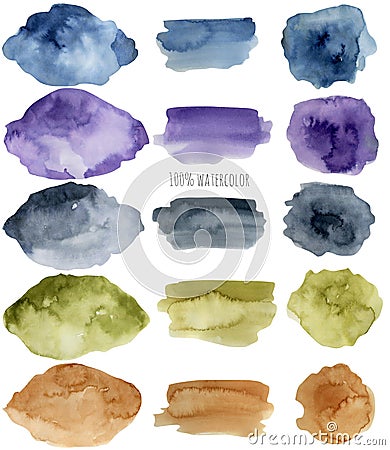 Watercolor stains and strokes collection, blue and brown color elements Stock Photo