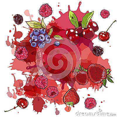 Watercolor stains and wild berries Cherry, strawberry and raspberry, blueberry, blackberry on white background. Splashes Vector Illustration