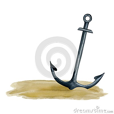 Watercolor steel anchor in the sand of sea bottom illustration. Simple nautical shipwreck hand drawn clipart Cartoon Illustration