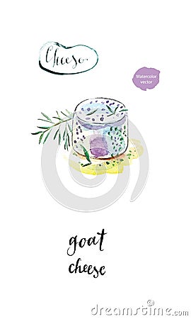 Watercolor stick of fresh goat cheese with twig of rosemary Vector Illustration