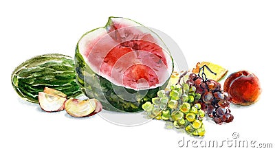 Watercolor food. Still life of fresh fruit on a white background Stock Photo