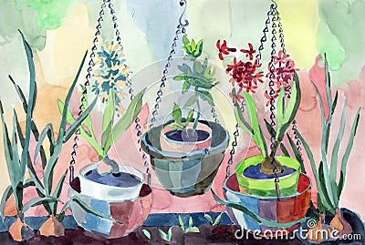 Watercolor still life with garden hyacinth flowers and plants Stock Photo