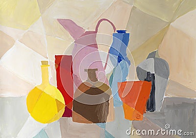 Watercolor still life with jugs, jars and glasses Stock Photo