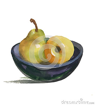 Watercolor still life with pear and apple on plate Vector Illustration