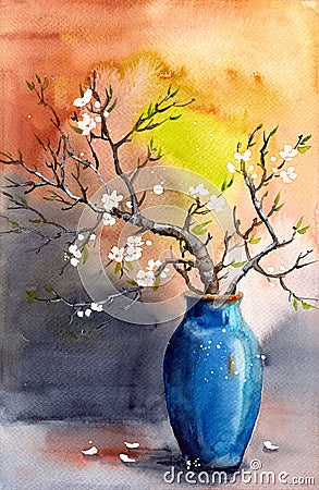 Watercolor still life with a turquoise blue vase with branches of white cherry blossoms Stock Photo
