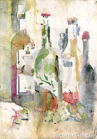 Watercolor still life with wine bottles Stock Photo