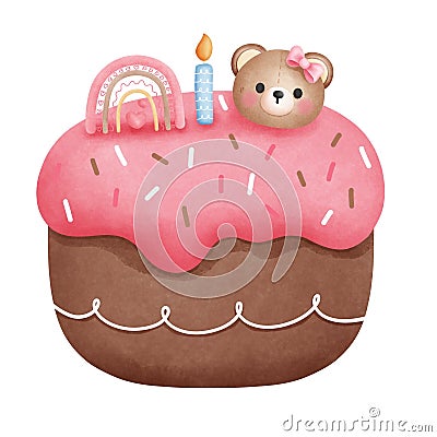 Watercolor strawberry birthday cake clipart.Birthday cake with cute baby teddy bear illustration Cartoon Illustration