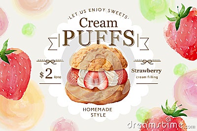 Watercolor strawberry cream puff ad Vector Illustration